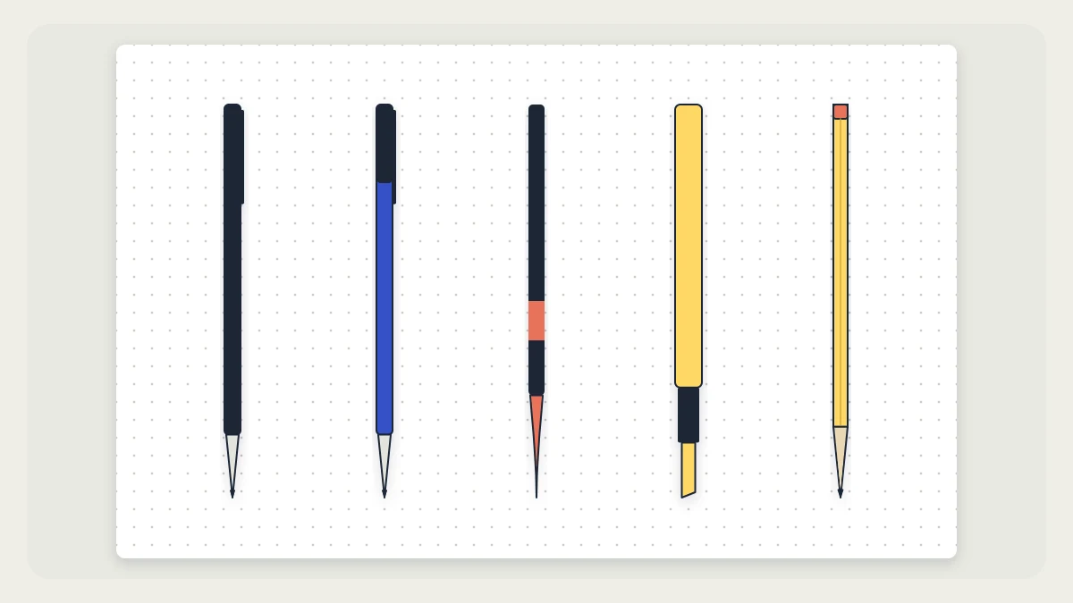 Five writing tools in a row on a dot-grid page: fineliner, gel pen, brush pen, highlighter and pencil