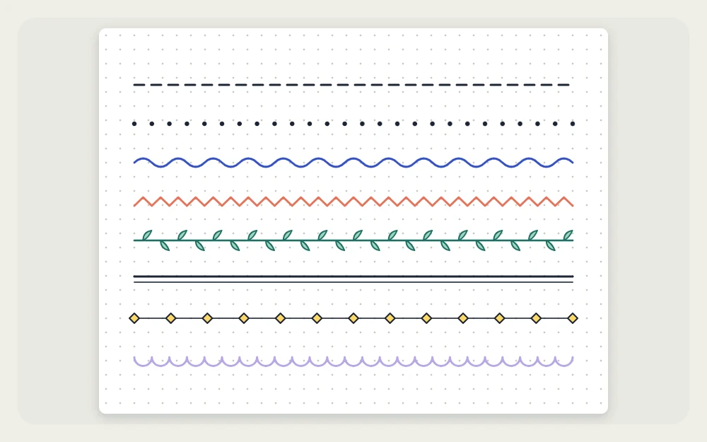 Eight divider styles stacked in rows: dashed, dotted, wave, zigzag, leaf vine, double line, diamonds and scallops