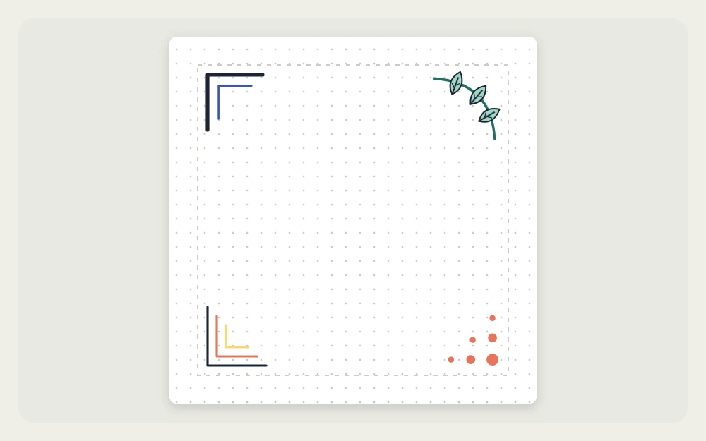 Square frame with a different corner decoration in each corner: bracket, leaf sprig, triple lines and dots