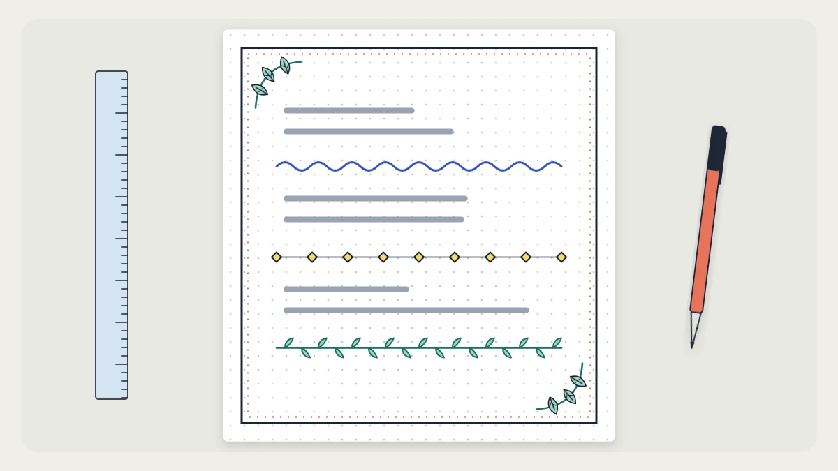 Notebook page framed by a decorative border with three different divider lines across the middle