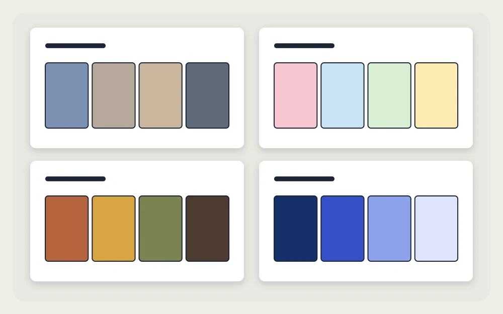 Four palettes of four swatches each: muted, pastel, earth tones and monochrome blue