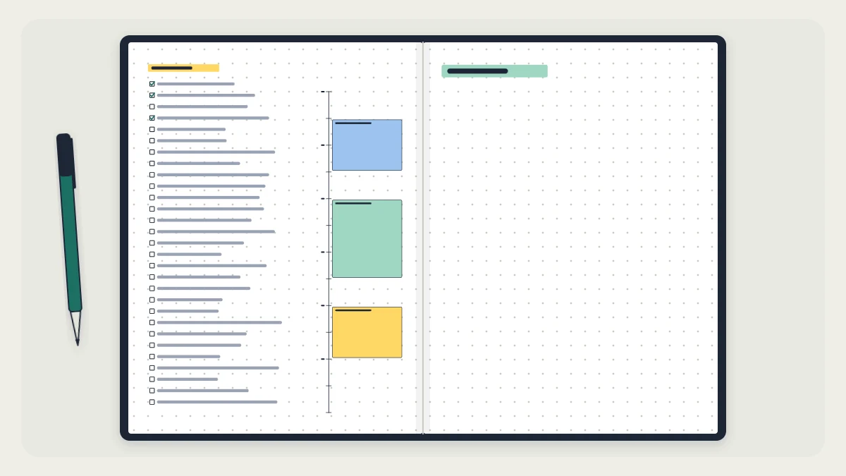 Open notebook with a daily log: date header, checkbox task list and a narrow schedule column