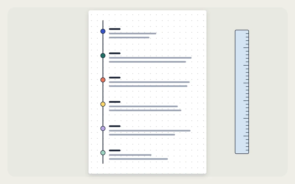 A vertical line down a page with a node for each month and entry lines beside each