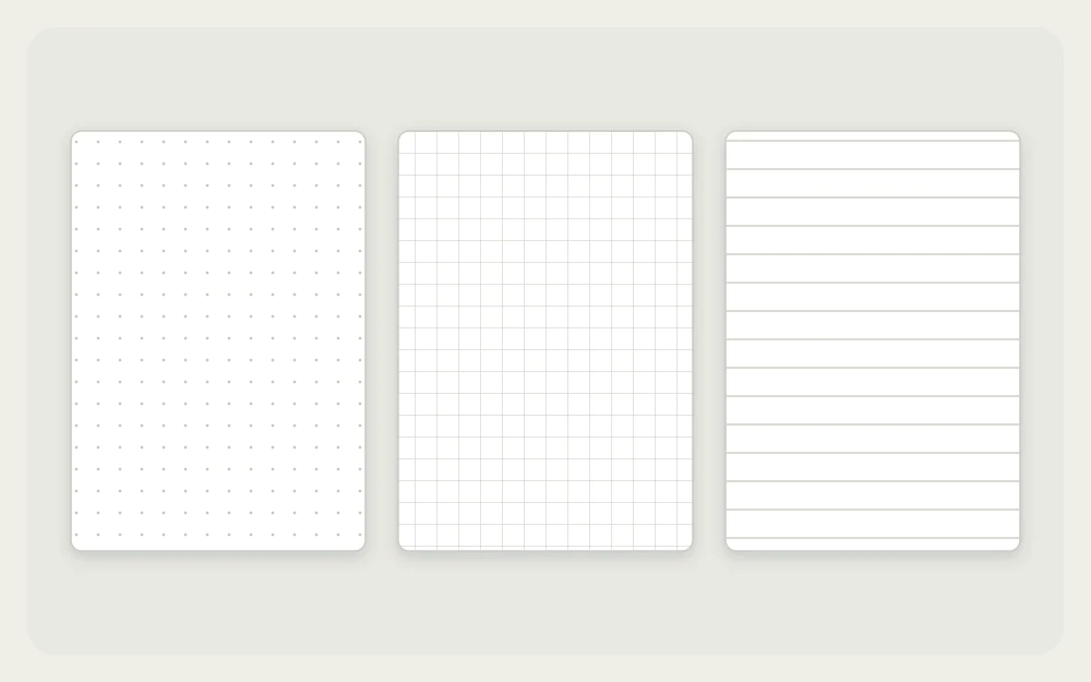 Three notebook page samples side by side showing dot grid, square grid and lined ruling