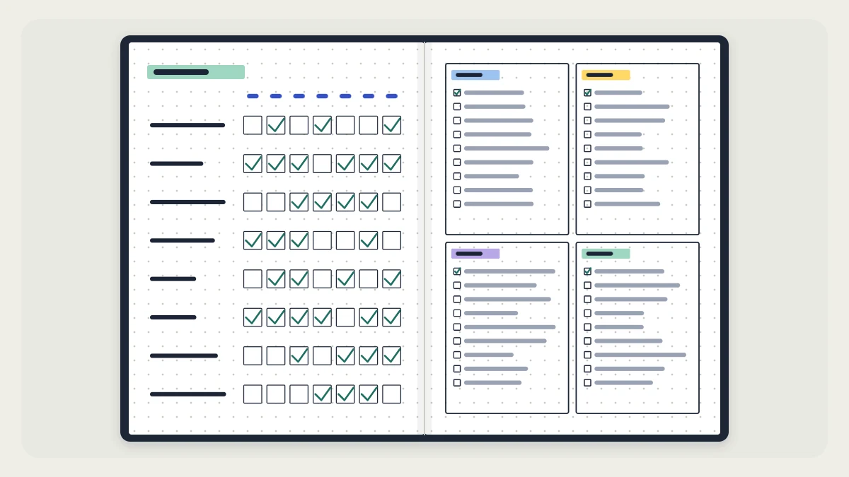 Cleaning schedule spread with a weekly grid of days and task rows and four checklist boxes