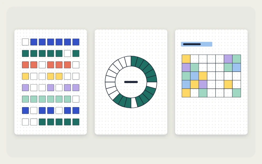 Three tracker styles side by side: a square grid, a segmented circular ring and a mini calendar block