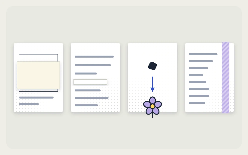 Four tiles: a paper patch, correction tape, a blot turned into a flower and a washi strip