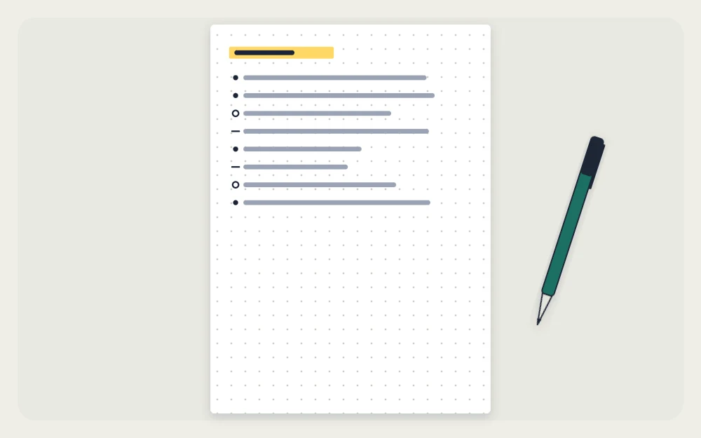 A page with a date header bar and short entries marked with dots, circles and dashes