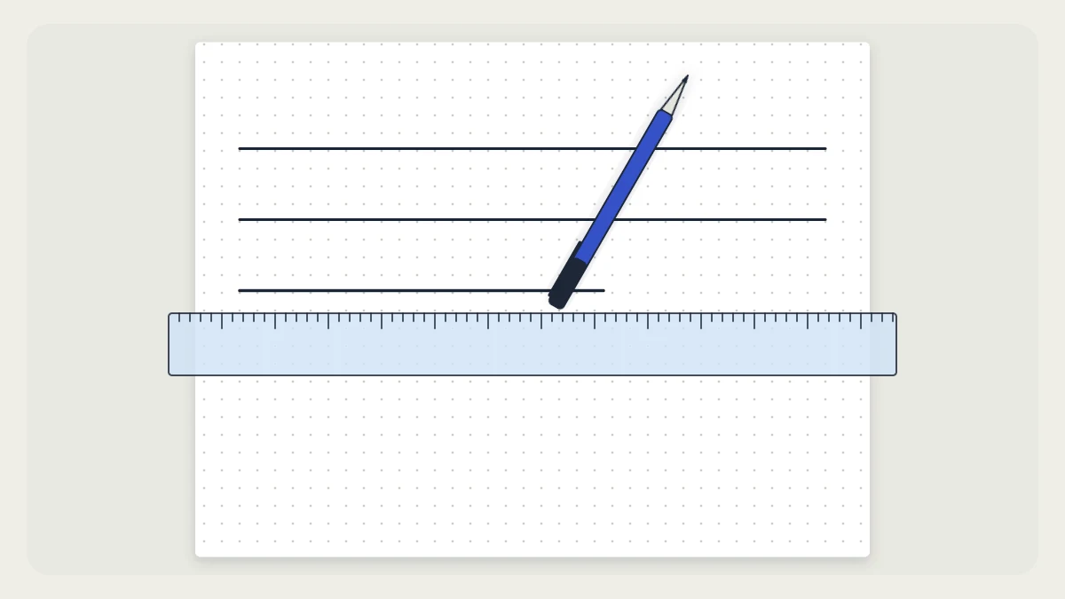 A clear ruler lying across a dot-grid page while a pen draws a line along its edge