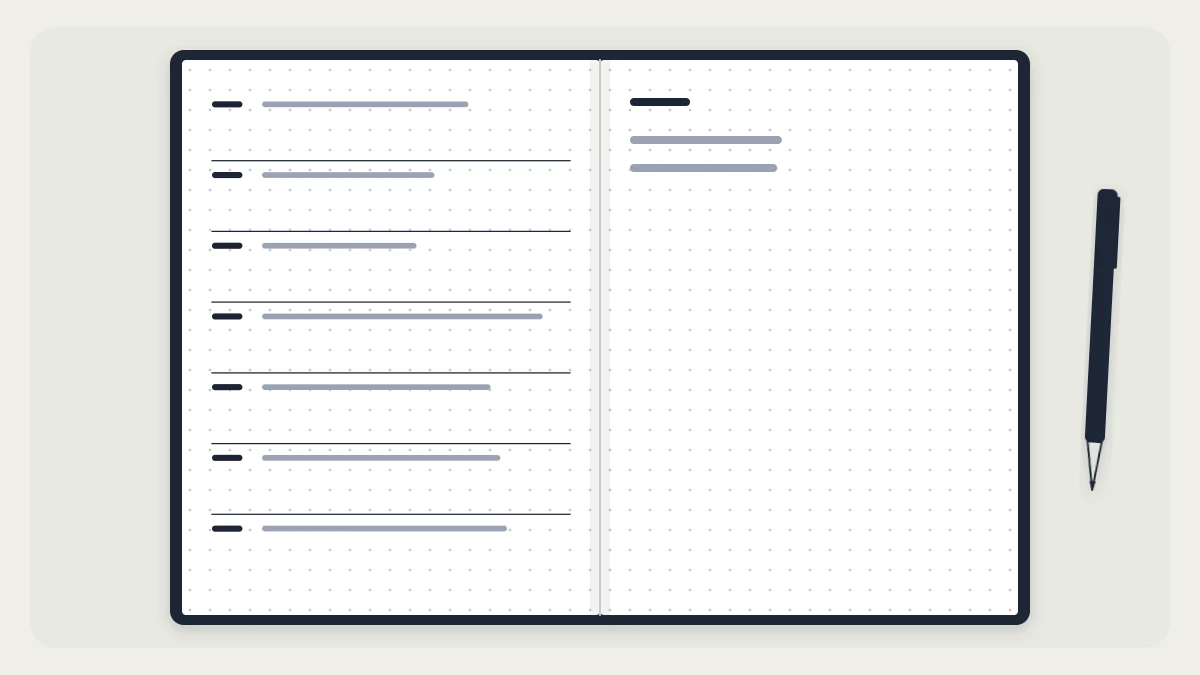 Open notebook with seven thin horizontal rows on the left page and a nearly empty notes page