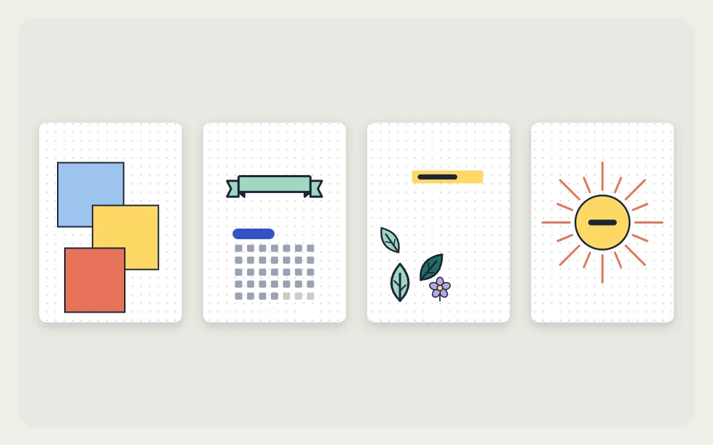 Four cover thumbnails: stacked geometric blocks, banner above a mini calendar, botanical leaf corner and sunburst lines