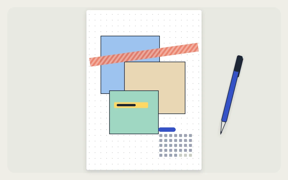 Cover page with three overlapping rectangles, a strip of washi tape and a small corner mini calendar