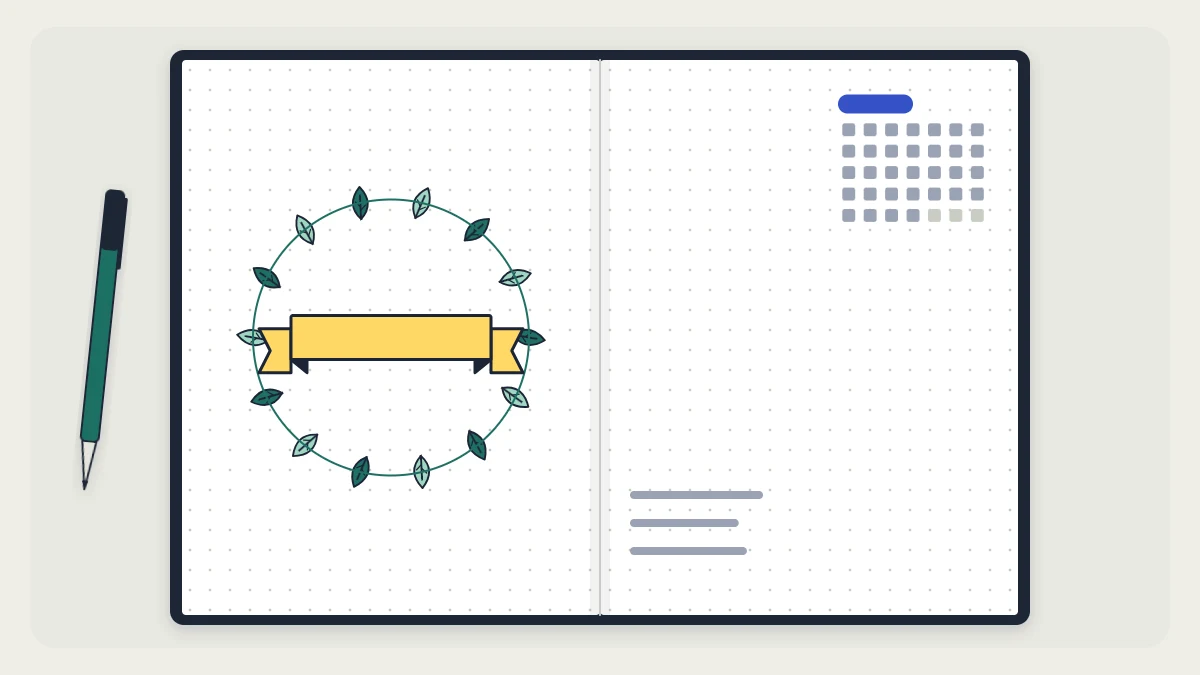 Open notebook with an empty banner inside a leaf wreath and a mini calendar on the facing page
