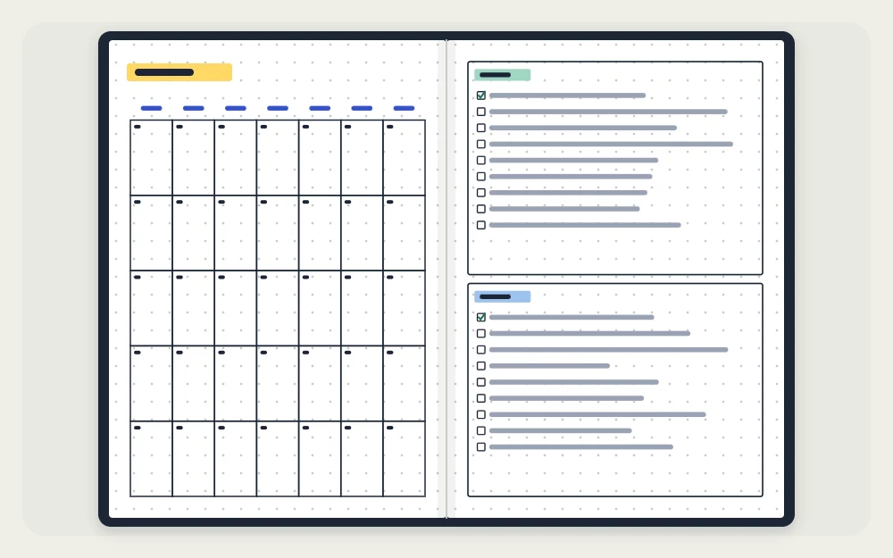 Monthly grid on one page with goals and notes boxes on the facing page