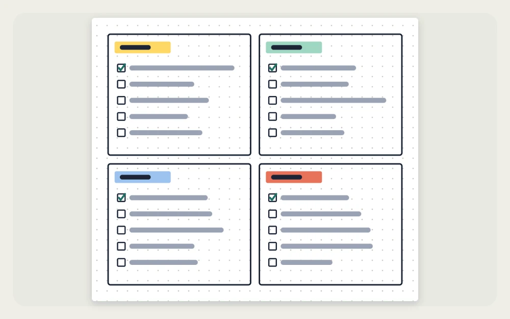 A yearly goals page divided into four quadrant boxes, each with a header bar and checkbox lines