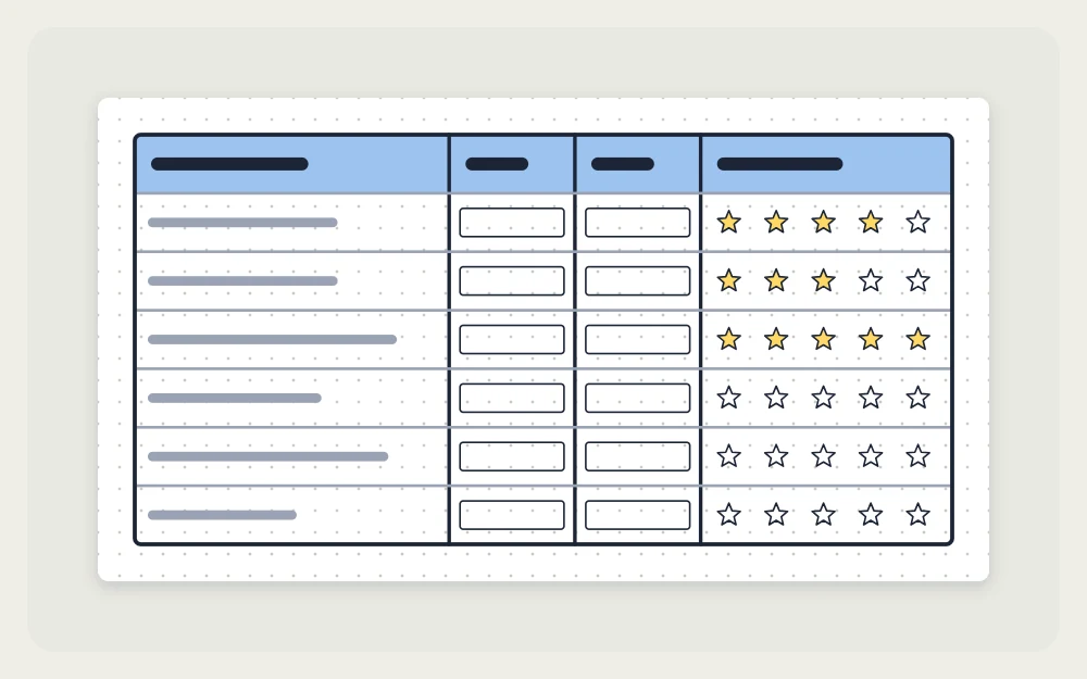 Reading log table with a title line, two date boxes and a row of five star outlines