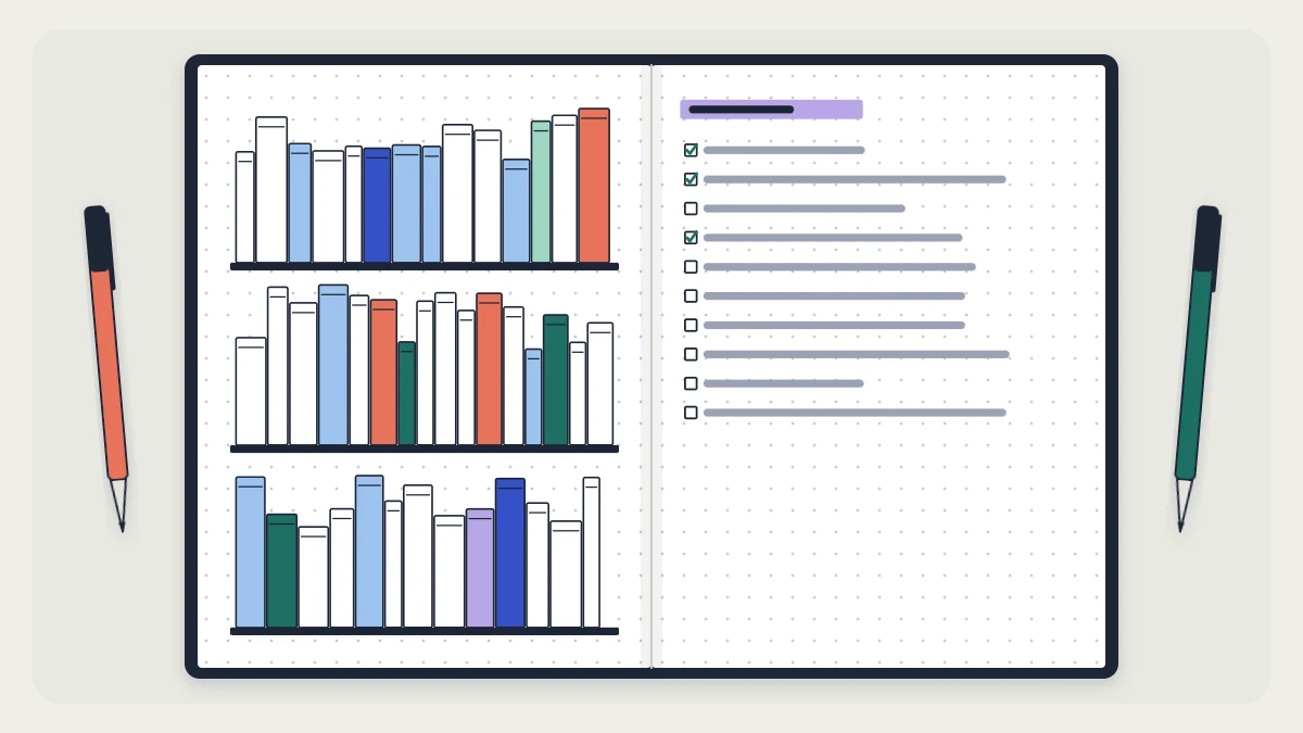 Bookshelf tracker page with three shelves of book spines of different heights, some colored in