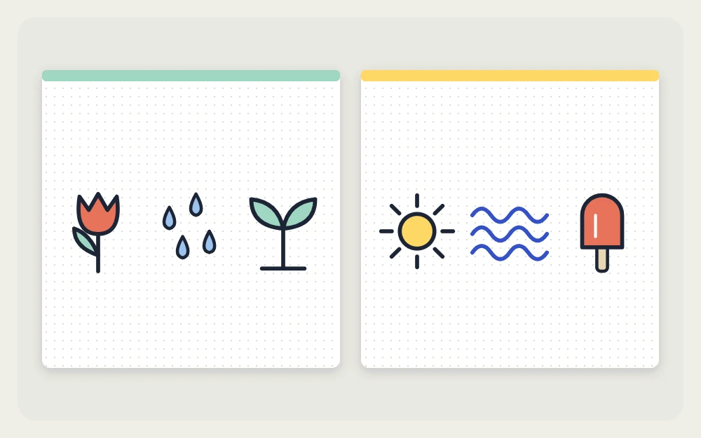 Spring tulip, raindrops and sprout on the left; summer sun, waves and ice pop on the right