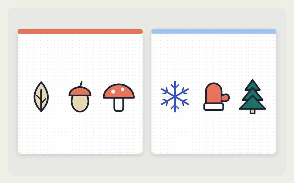 Fall leaf, acorn and mushroom on the left; winter snowflake, mitten and pine tree on the right