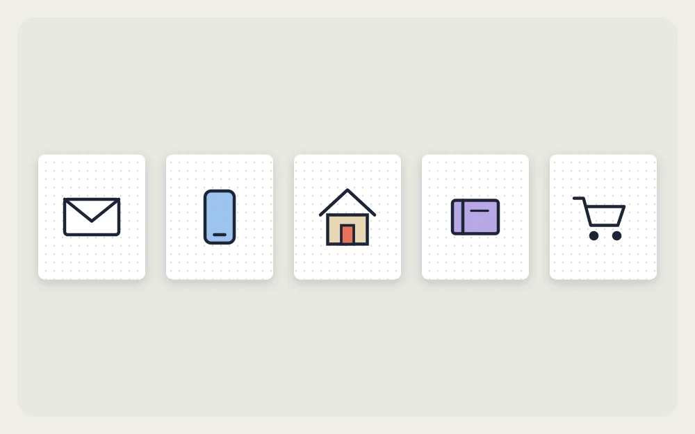 Row of five tiny category icons: envelope, phone, house, book and shopping cart