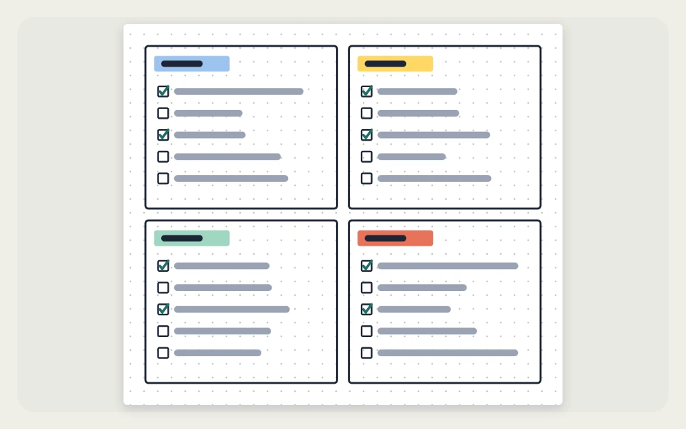 Packing list page split into four category boxes, each filled with checkbox lines